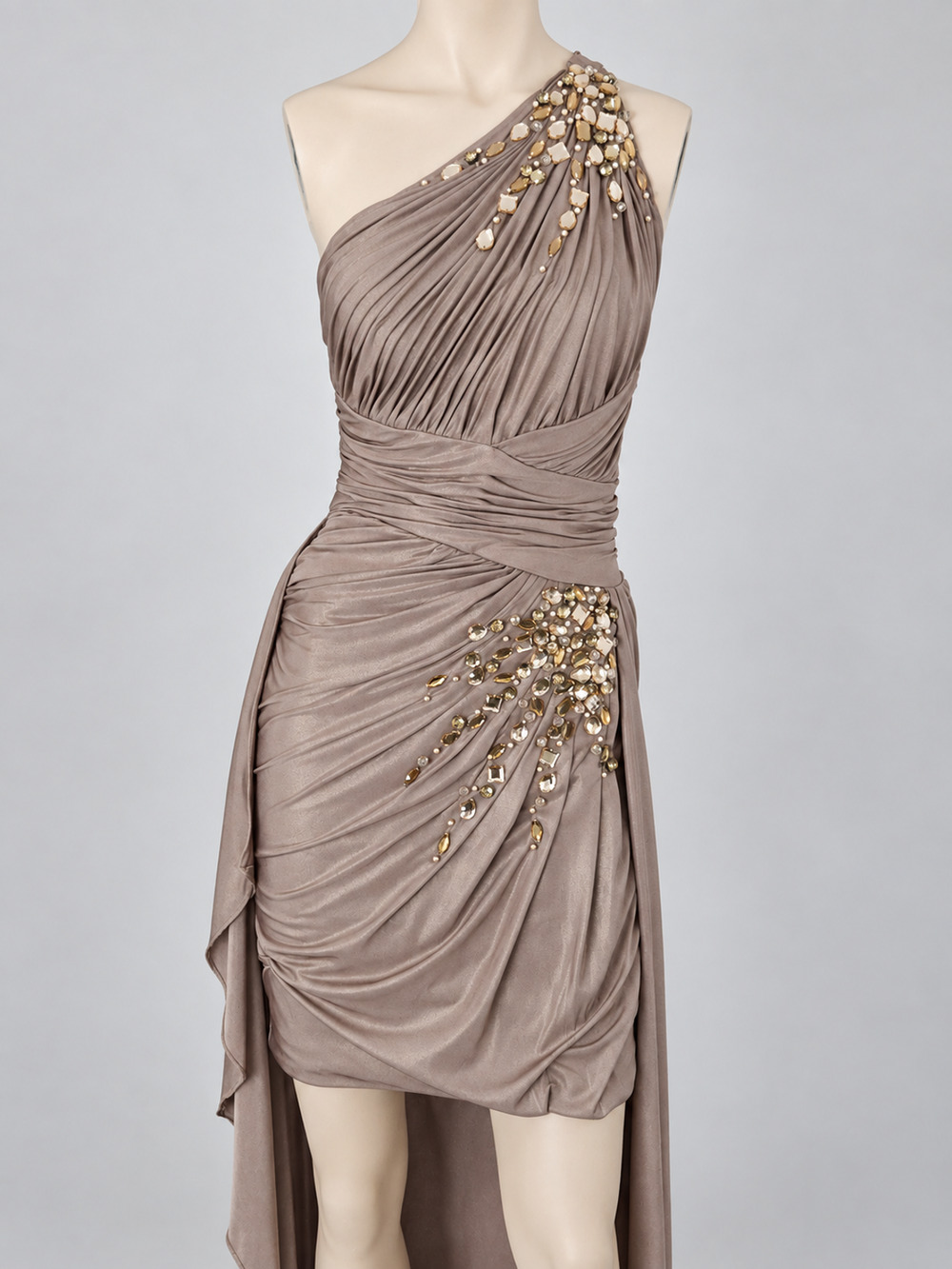 Y2K Vintage Jovani Dress Champagne Beaded Ruched One Shoulder Grecian Style